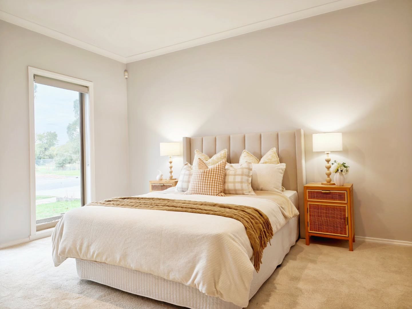 Bedroom styling with warm neutral textures